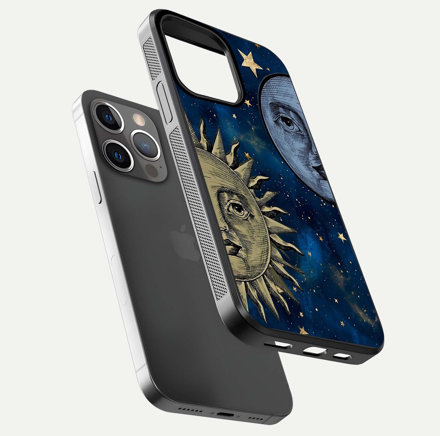 Celestial Moon With Sun Glass Case for iPhone 13 Pro floating mockup displaying vibrant contrast and HD gloss