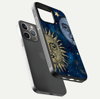 Celestial Moon With Sun Glass Case for iPhone 13 Pro floating mockup displaying vibrant contrast and HD gloss