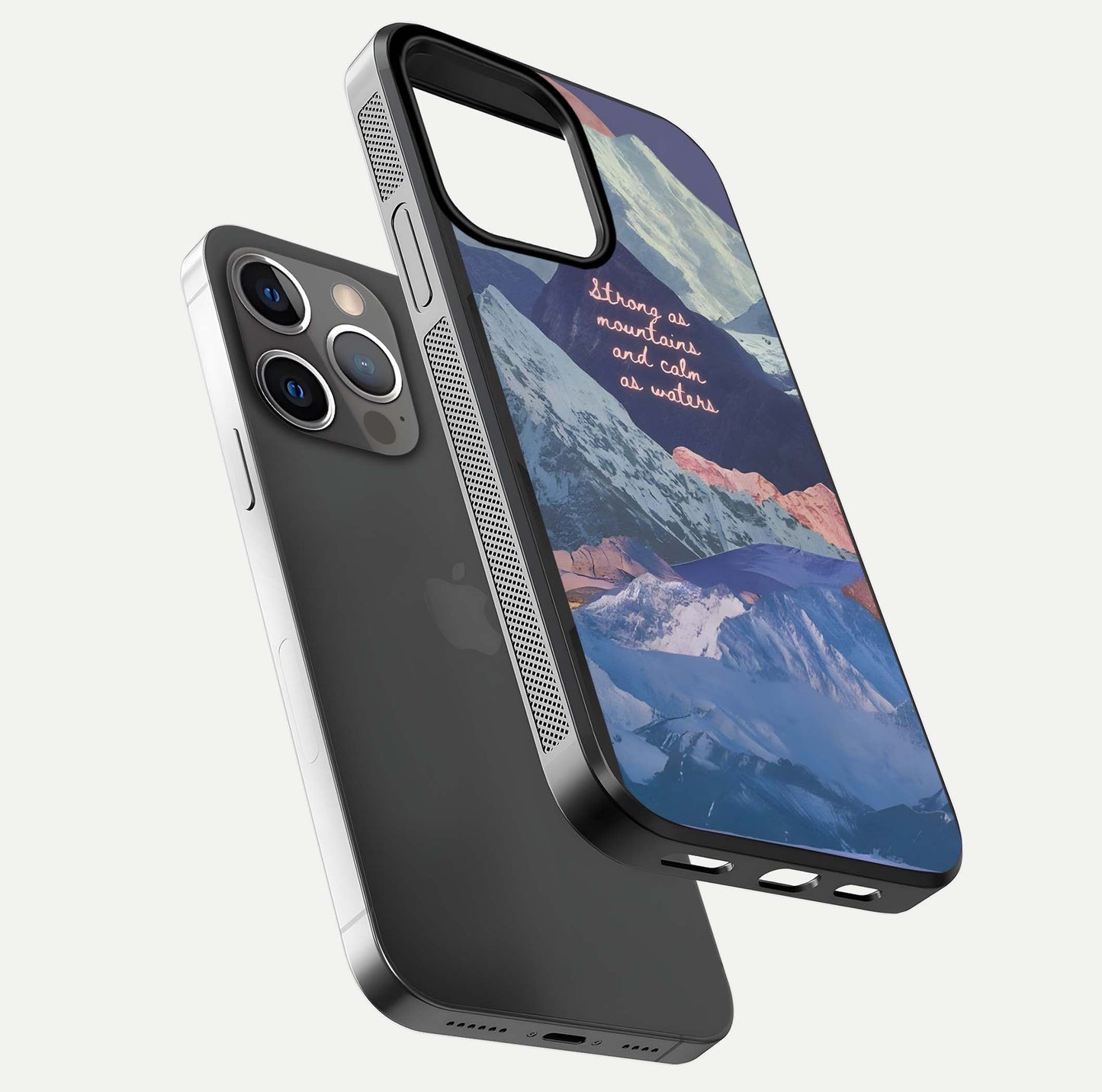 Celestial Mountain Calm Glass Case for iPhone 13 Pro floating mockup showing glow depth and polished edges