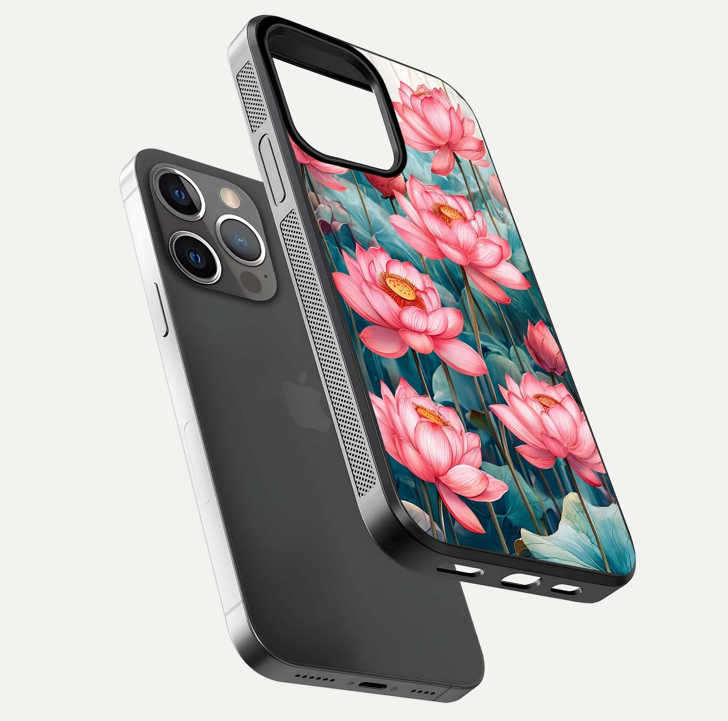 Celestial Pink Lotus Glass Case for iPhone 13 Pro floating mockup displaying cosmic tone and gloss surface