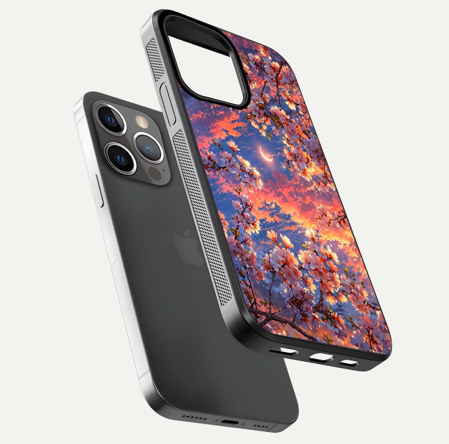 Celestial Sakura Sunset Glass Case for iPhone 13 Pro floating mockup capturing sunset hue and smooth gloss