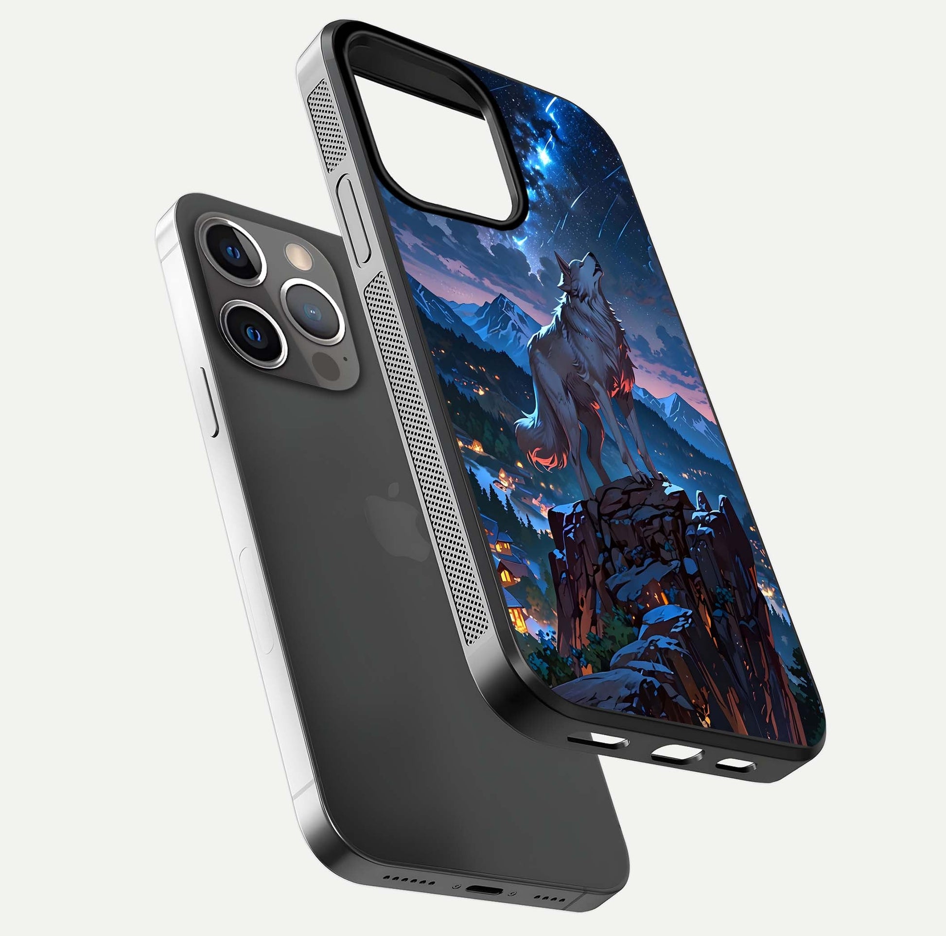 Celestial Wolf Howl Glass Case for iPhone 13 Pro floating mockup capturing reflection depth and silver gloss