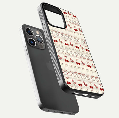 Cherry Bloom Charm Glass Case for iPhone 13 Pro floating mockup showing bloom texture and polished gloss
