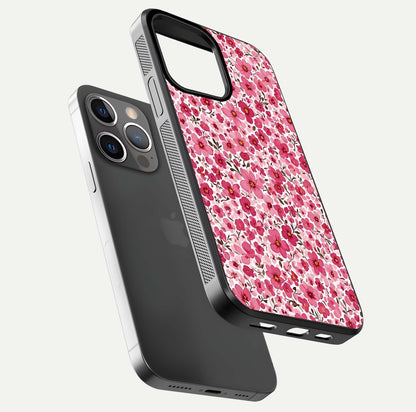Cherry Blossom Charm Glass Case for iPhone 13 Pro floating mockup displaying pink tone flow and polished edges