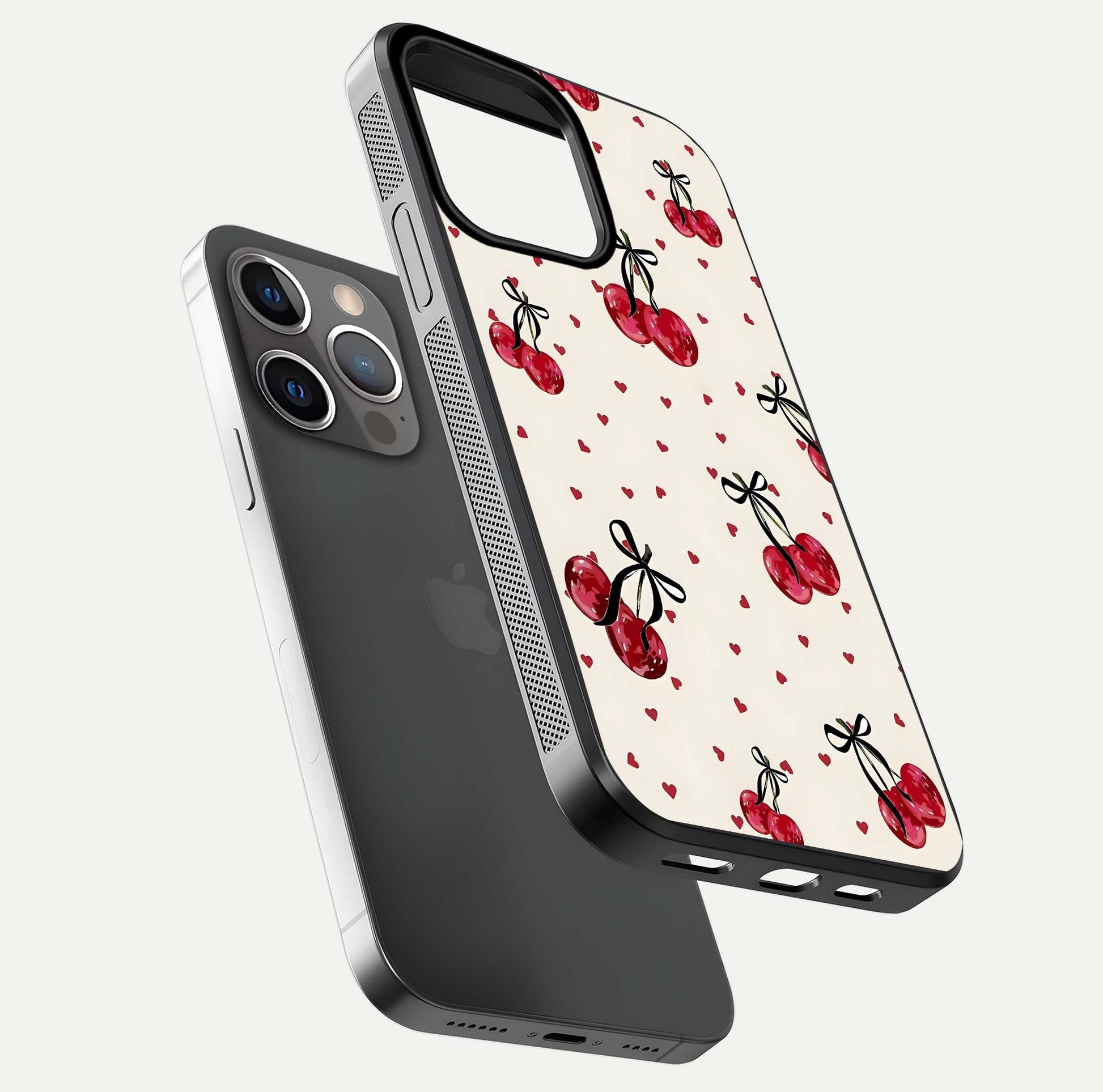 Cherry Heart Bow Glass Case for iPhone 13 Pro floating mockup showing reflection and HD print detail