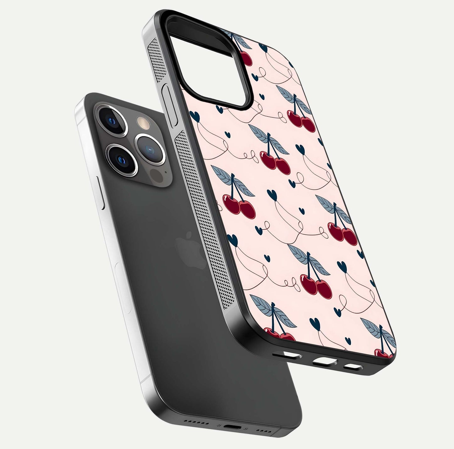 Cherry Heart Line Glass Case for iPhone 13 Pro floating mockup showing gloss polish and bright tones