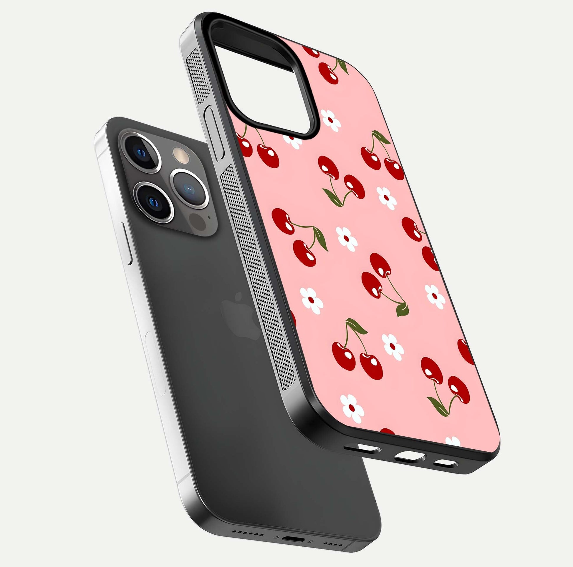 Cherry Love Mood Glass Case for iPhone 13 Pro floating mockup showing HD gloss reflection and red tones