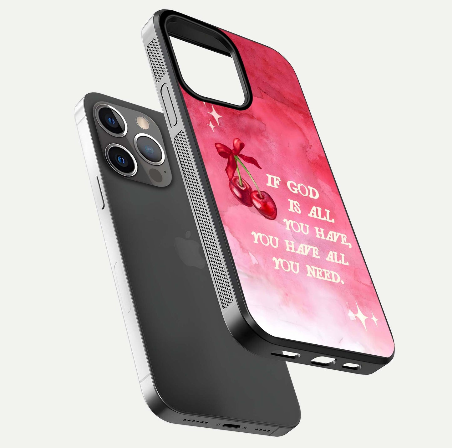 Cherry Quote Glass Case for iPhone 13 Pro floating mockup capturing shine texture and clear typography