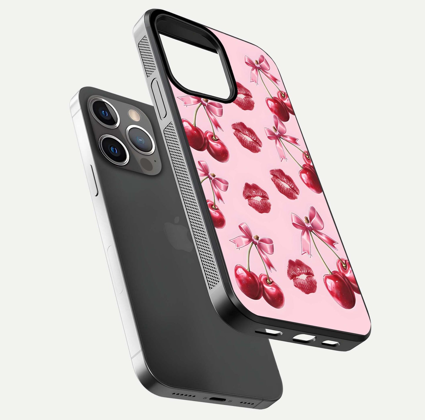 Cherry With Lips Glass Case for iPhone 13 Pro floating mockup showing HD gloss and pop-art inspired tones