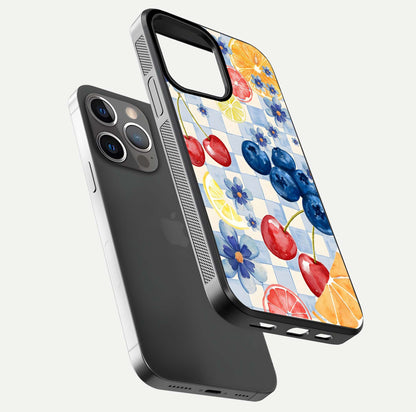 Citrus Bloom Joy Glass Case for iPhone 13 Pro floating mockup showing HD gloss and lively tone