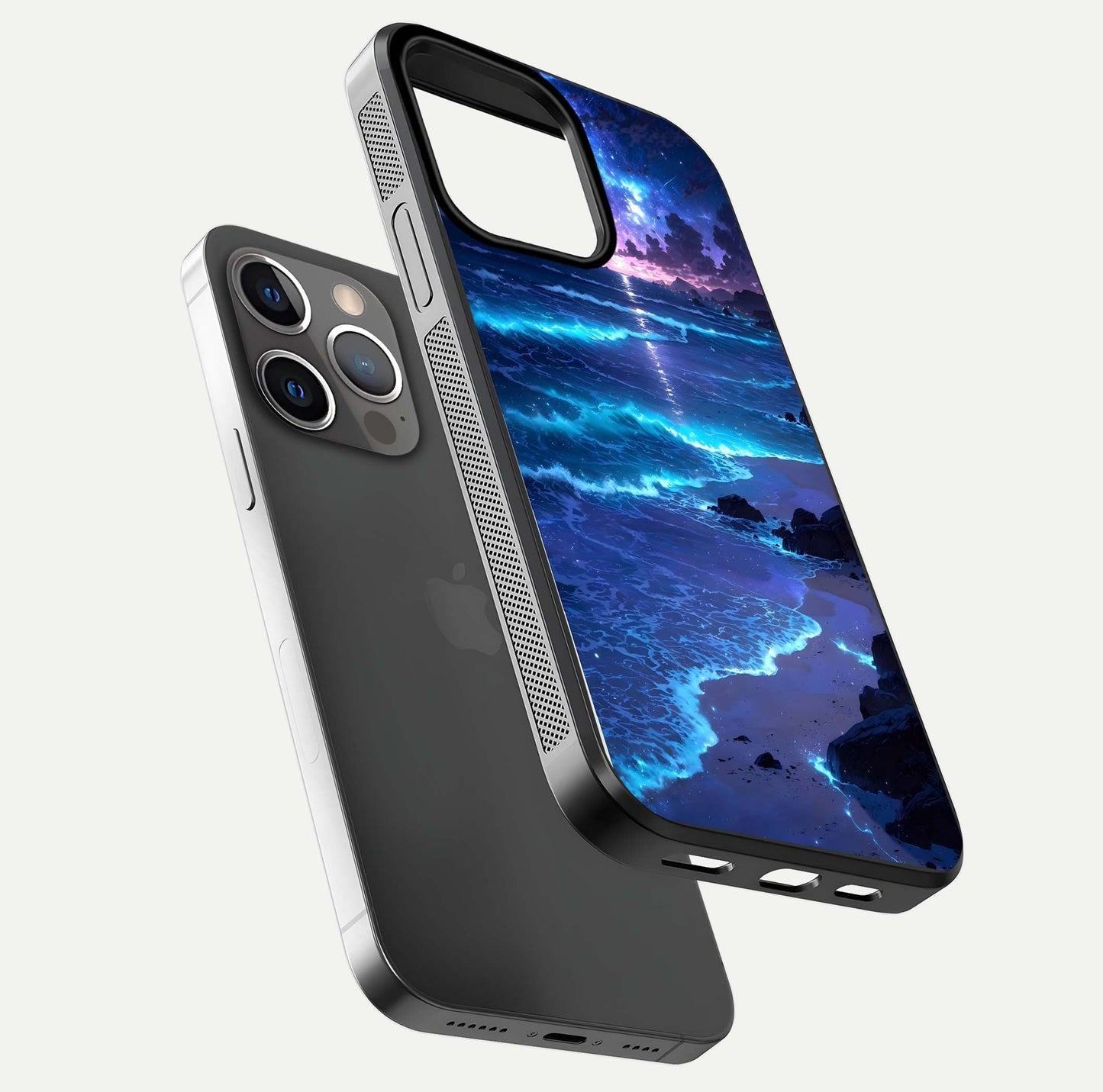 Classic Damn Look Glass Case for iPhone 13 Pro floating mockup emphasizing HD gloss and stylish edges