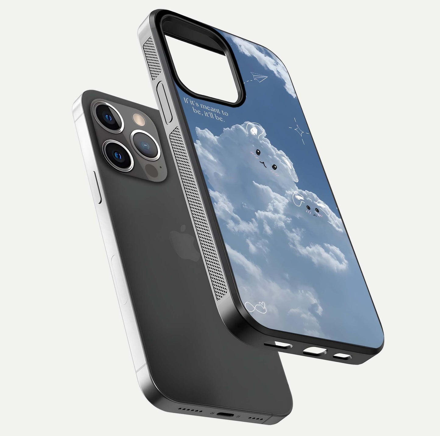 Cloud Bunny Dreams Glass Case for iPhone 13 Pro floating mockup showing soft gradient and gloss reflection