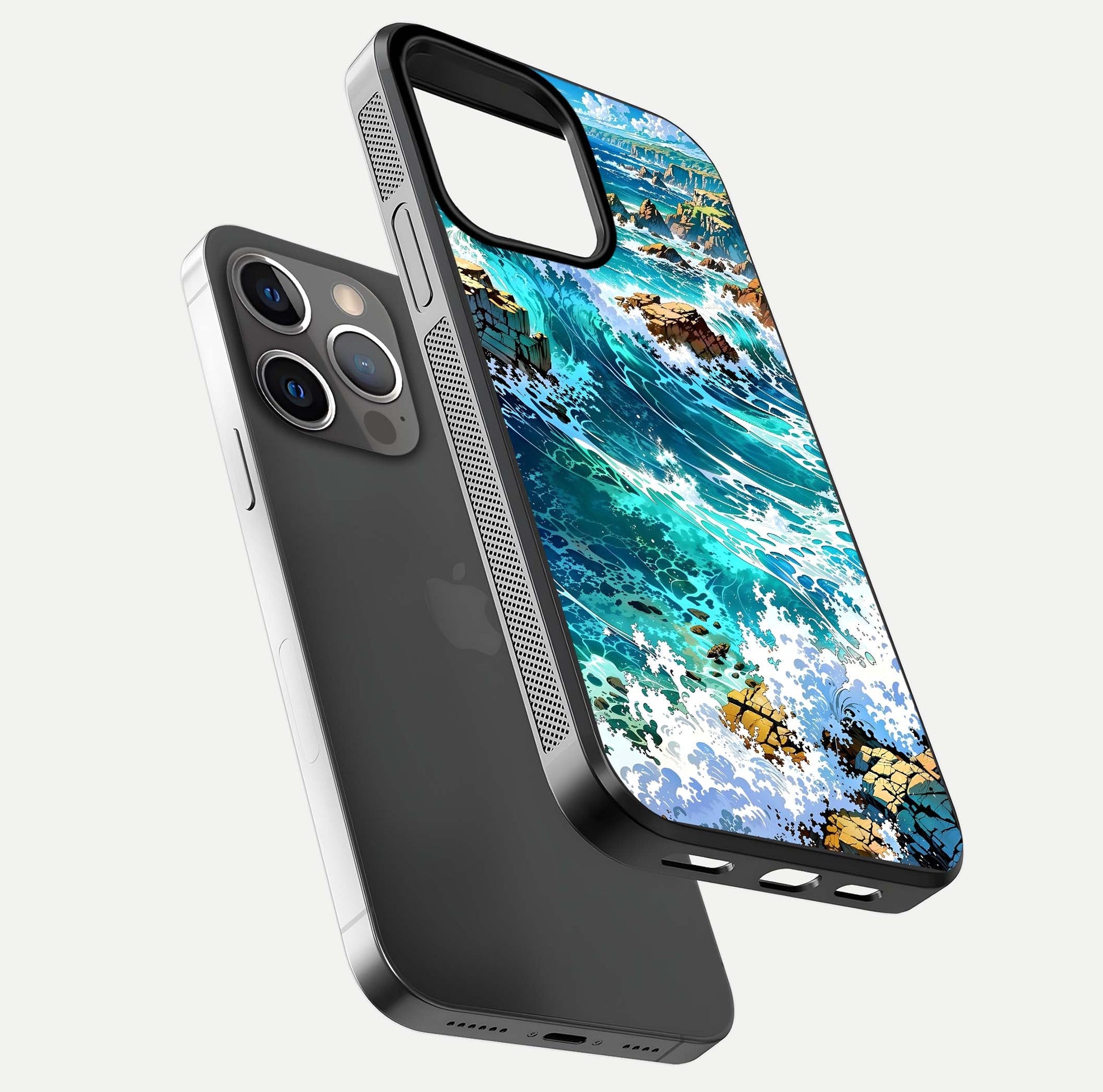 Coastal Blue Waves Glass Case for iPhone 13 Pro floating mockup showing HD reflection and wave details