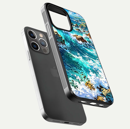 Coastal Blue Waves Glass Case for iPhone 13 Pro floating mockup showing HD reflection and wave details