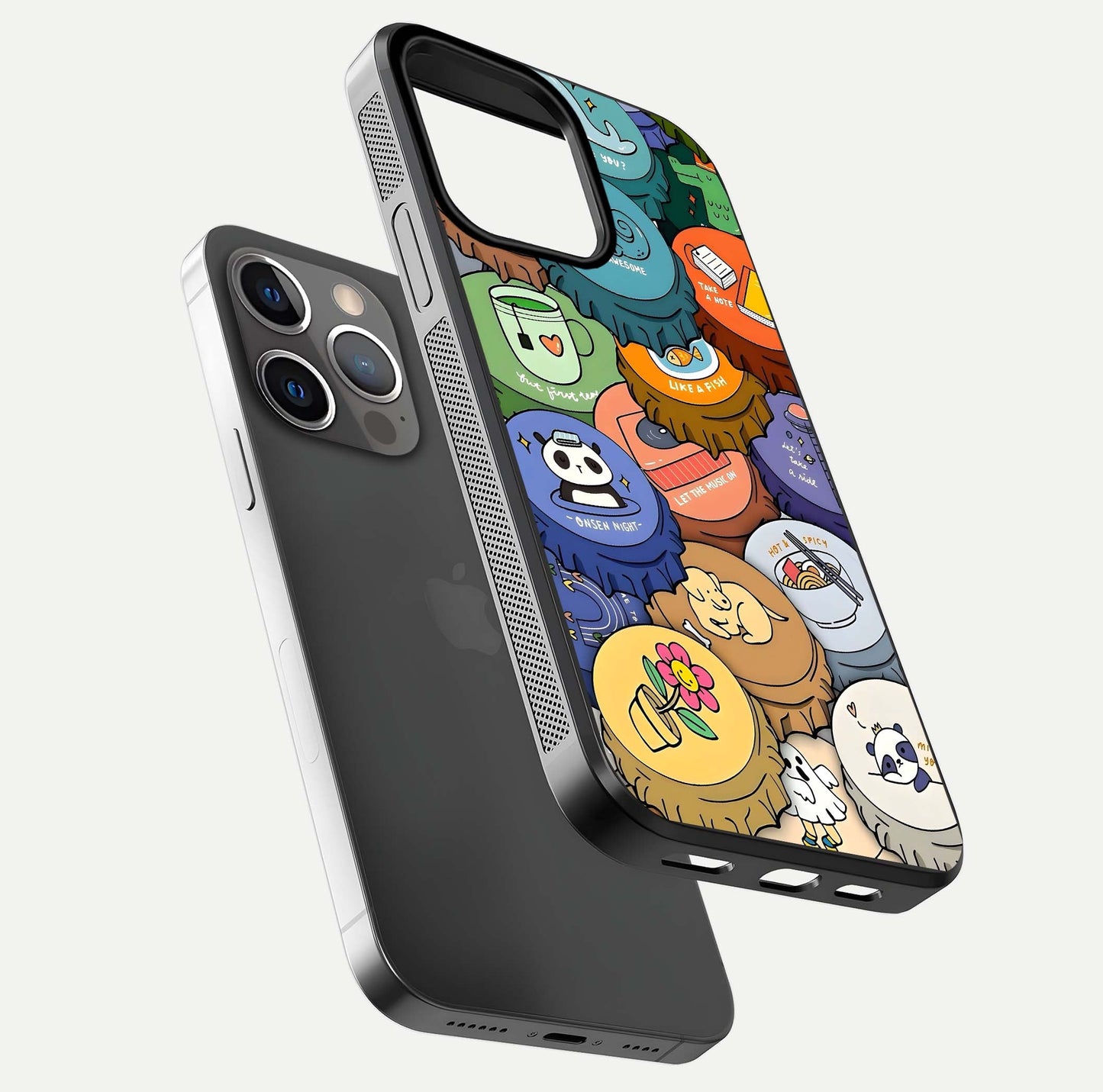 Coins Patterns Glass Case for iPhone 13 Pro floating mockup showing reflection depth and smooth tone