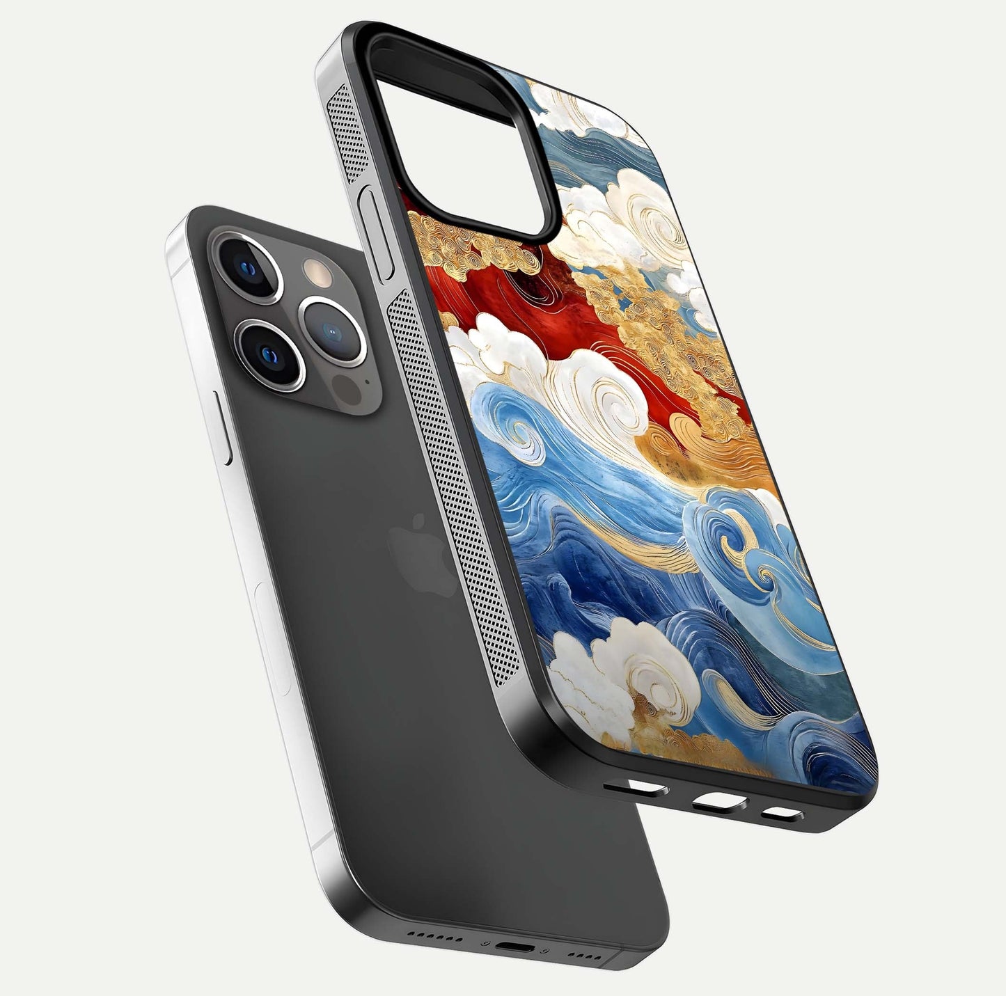 Colored Waves Glass Case for iPhone 13 Pro floating dual-view mockup displaying gloss finish and color contrast