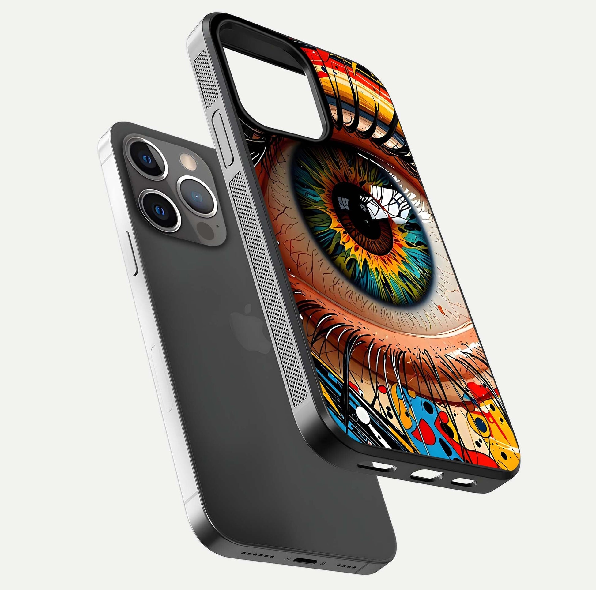 Colorful Eye Glass Case for iPhone 13 Pro floating mockup showing bright contrast and gloss clarity