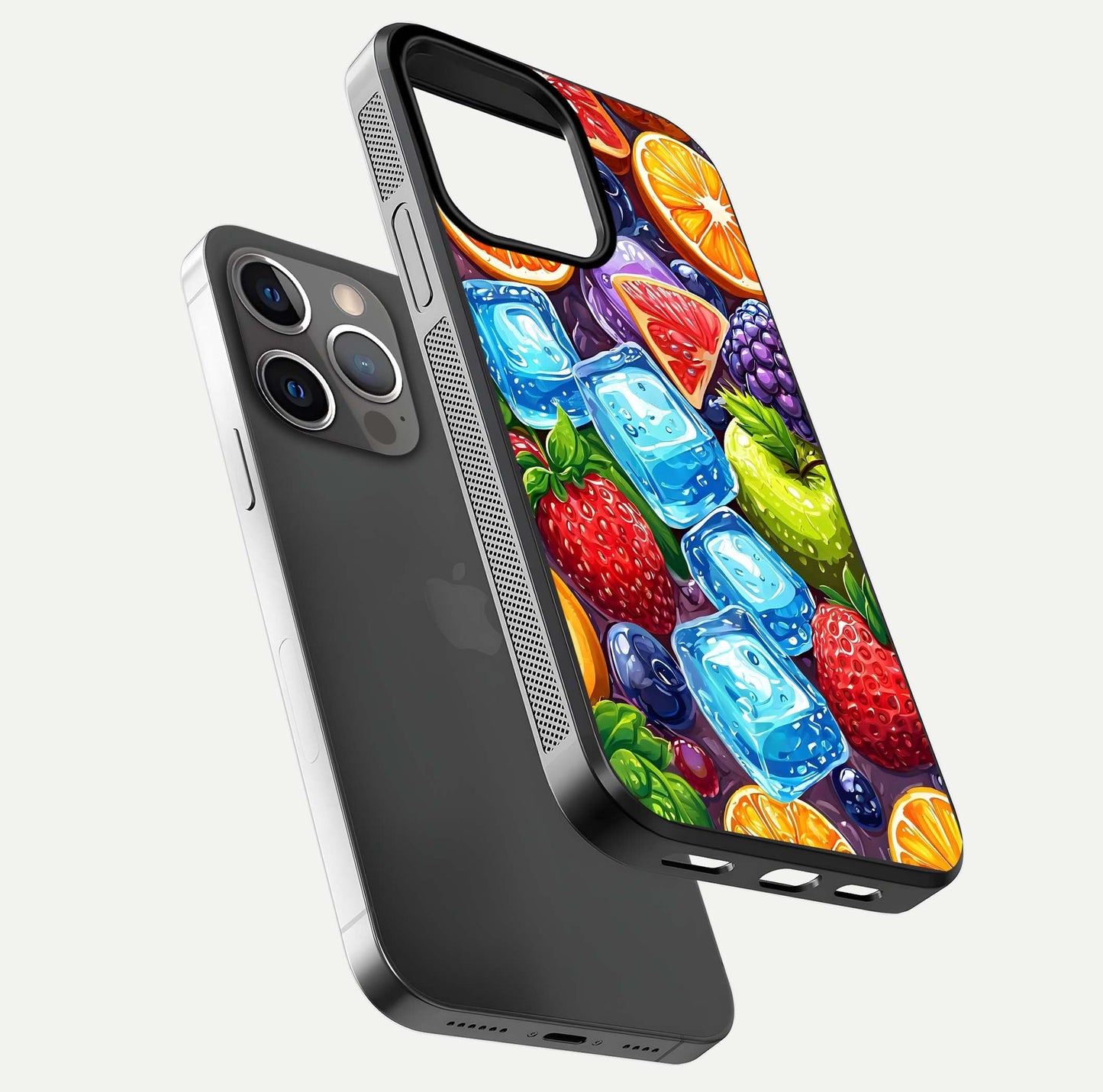 Colorful Fruits with Ice Glass Case for iPhone 13 Pro floating mockup showing bright shine and crystal clarity