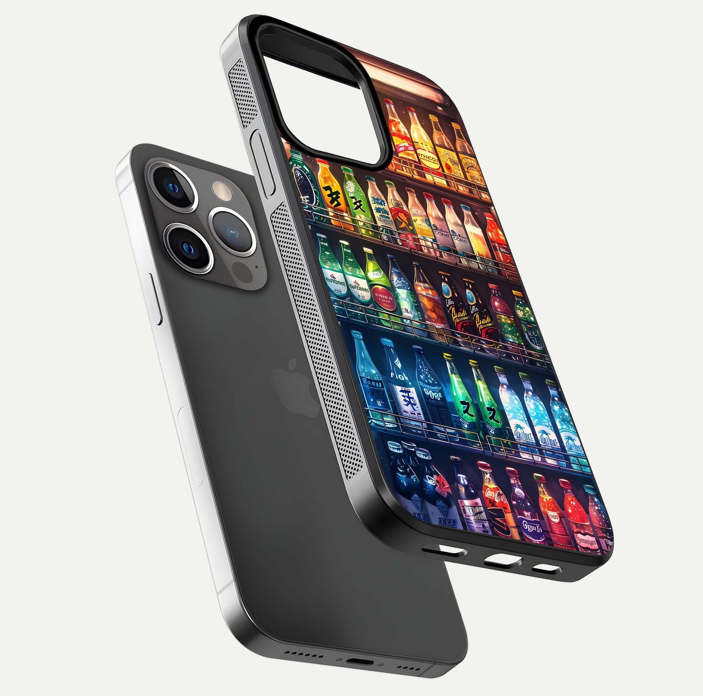 Colorful Soda Bottles Glass Case for iPhone 13 Pro floating mockup showing light reflection and bright gloss