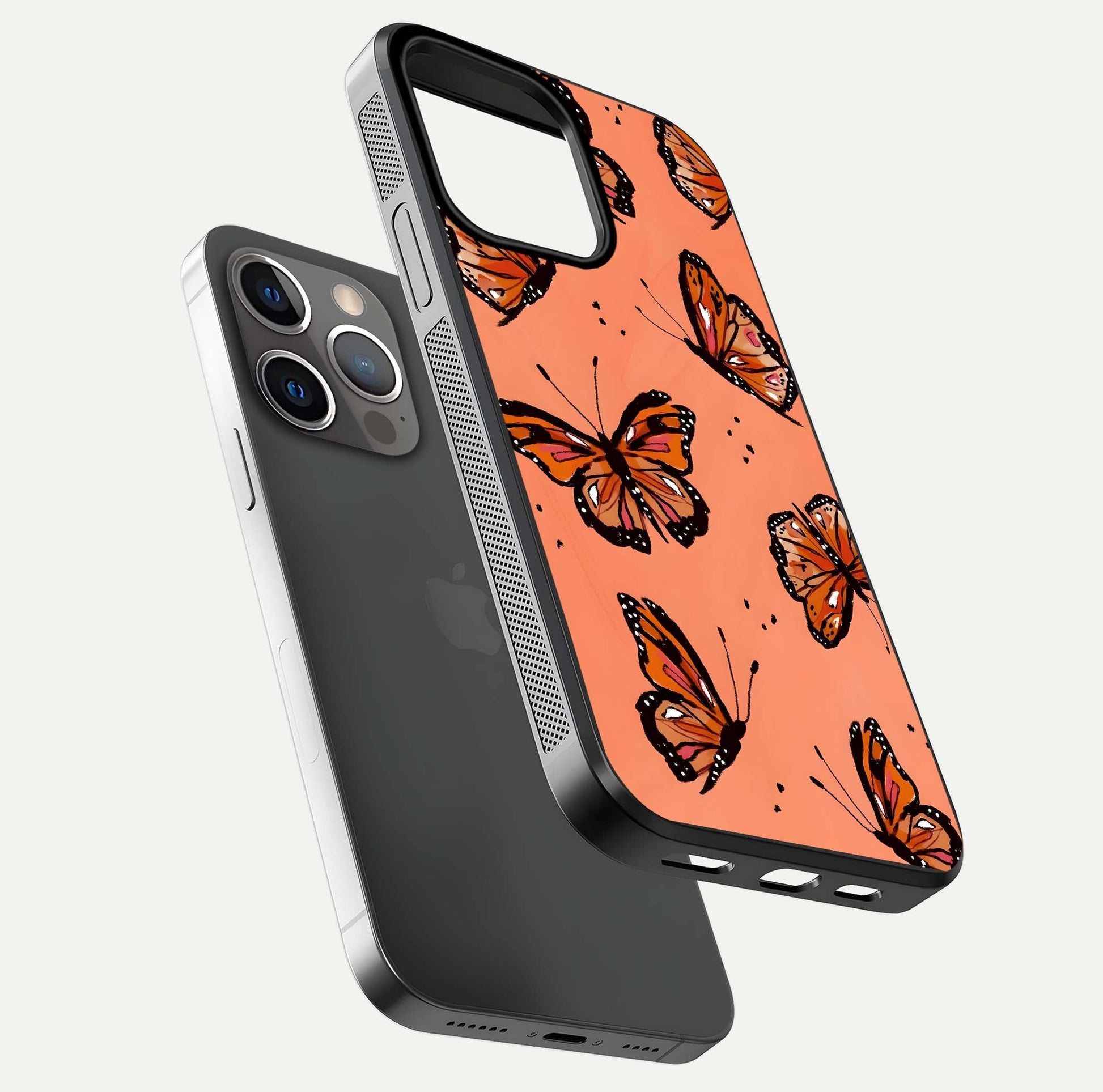 Coral Wing Butterfly Glass Case for iPhone 13 Pro floating mockup showing HD gloss texture and vivid coral color