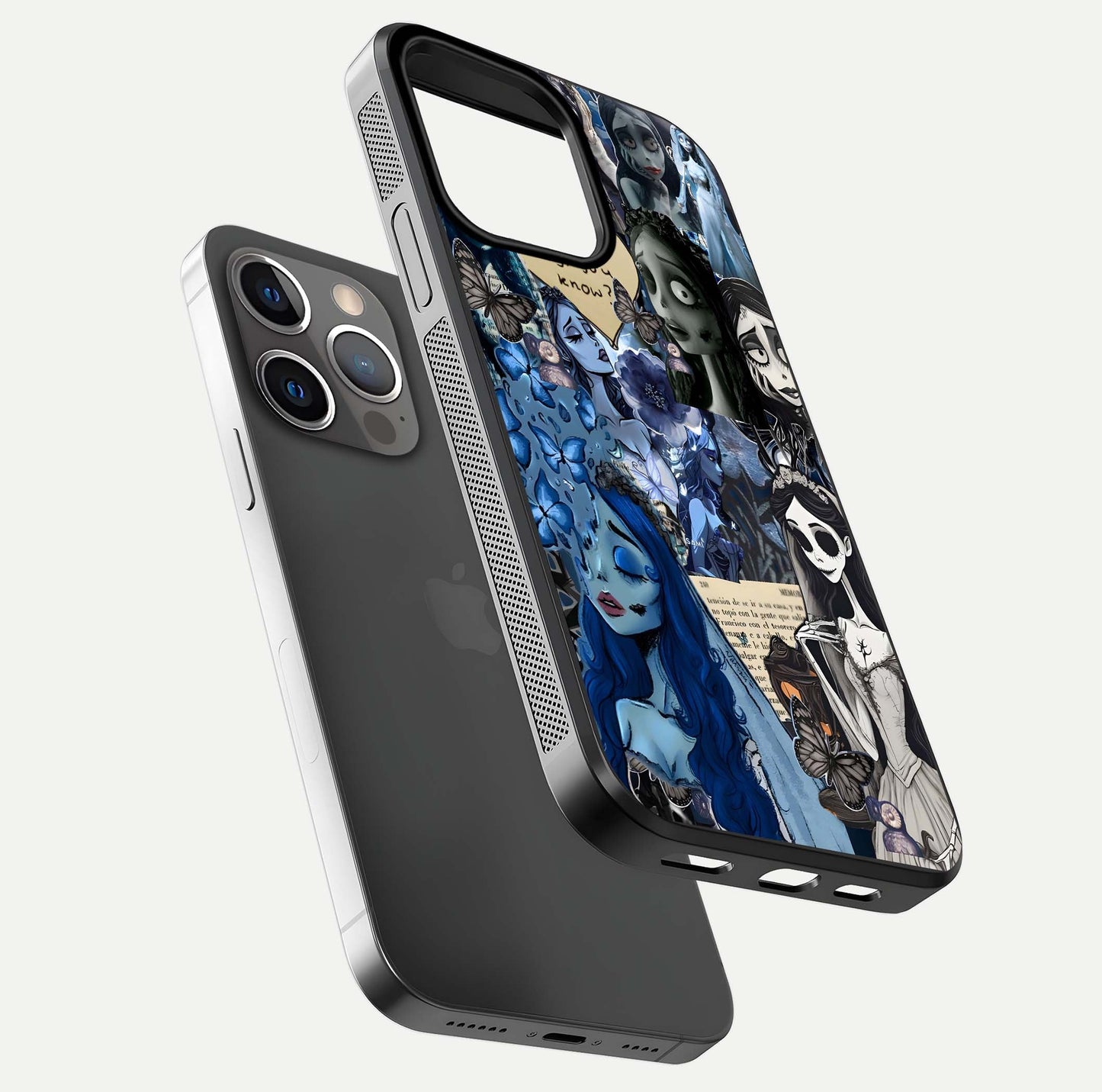 Corpse Bride Posters Glass Case for iPhone 13 Pro floating mockup showing shine texture and clear design