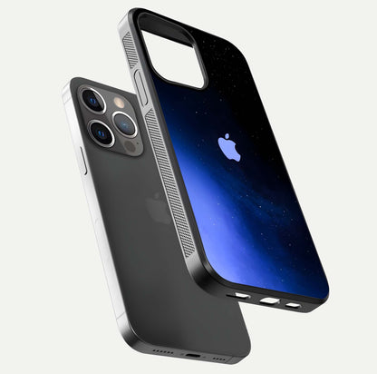 Cosmic Blue Apple Glass Case for iPhone 13 Pro floating mockup showing HD gloss and deep space gradient