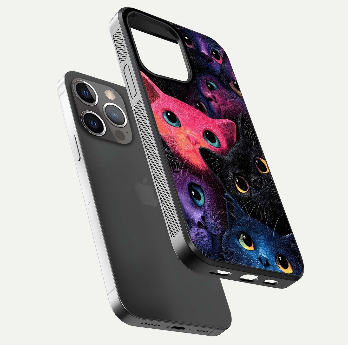 Cosmic Cats Dreams Glass Case for iPhone 13 Pro floating mockup showing star details and polish reflection