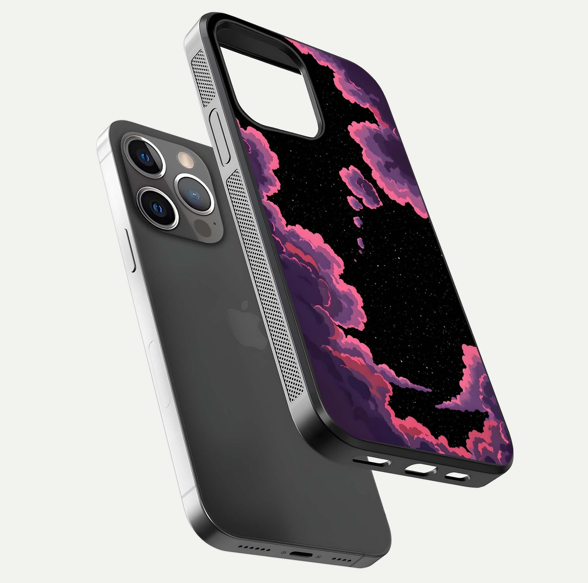 Cosmic Cloud Journey Glass Case for iPhone 13 Pro floating mockup showing HD gloss and cosmic gradient