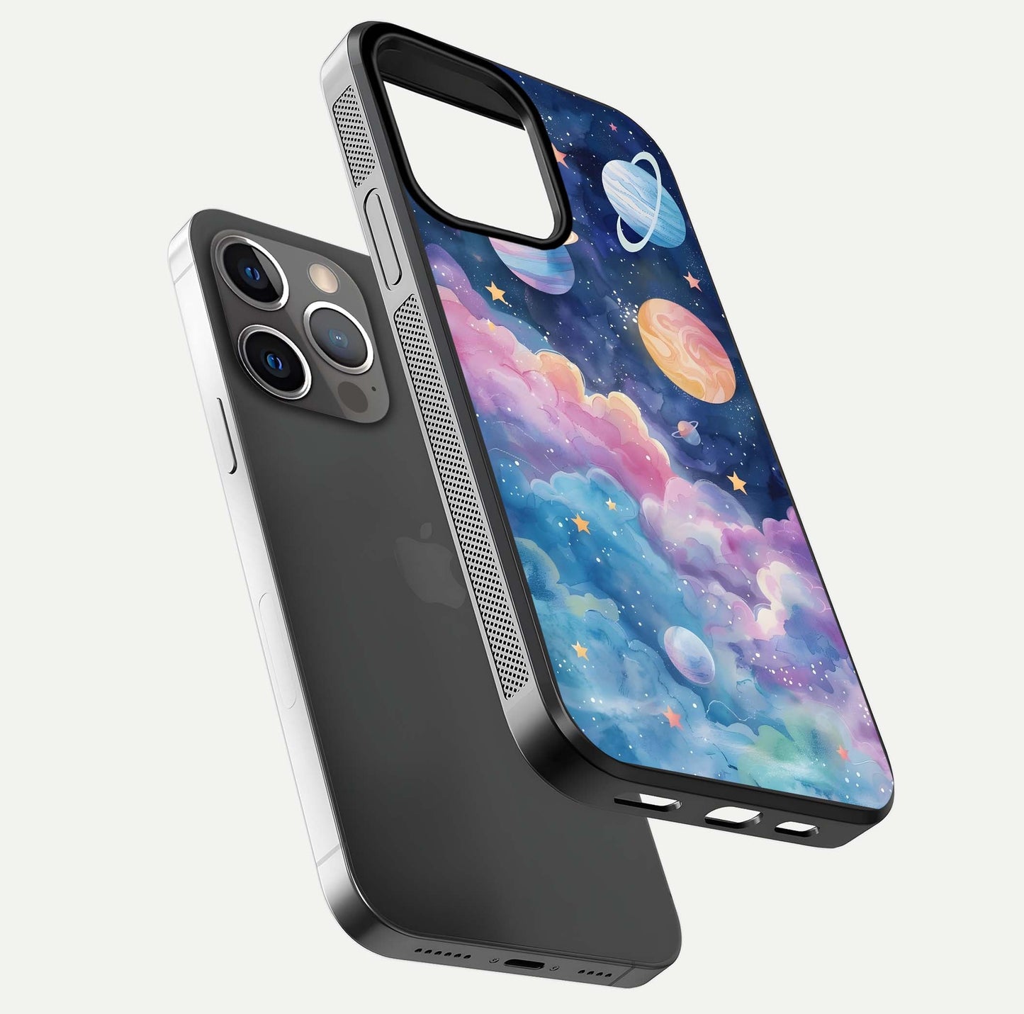Cosmic Planet Dreams Glass Case for iPhone 13 Pro floating mockup showing HD gloss and cosmic reflection
