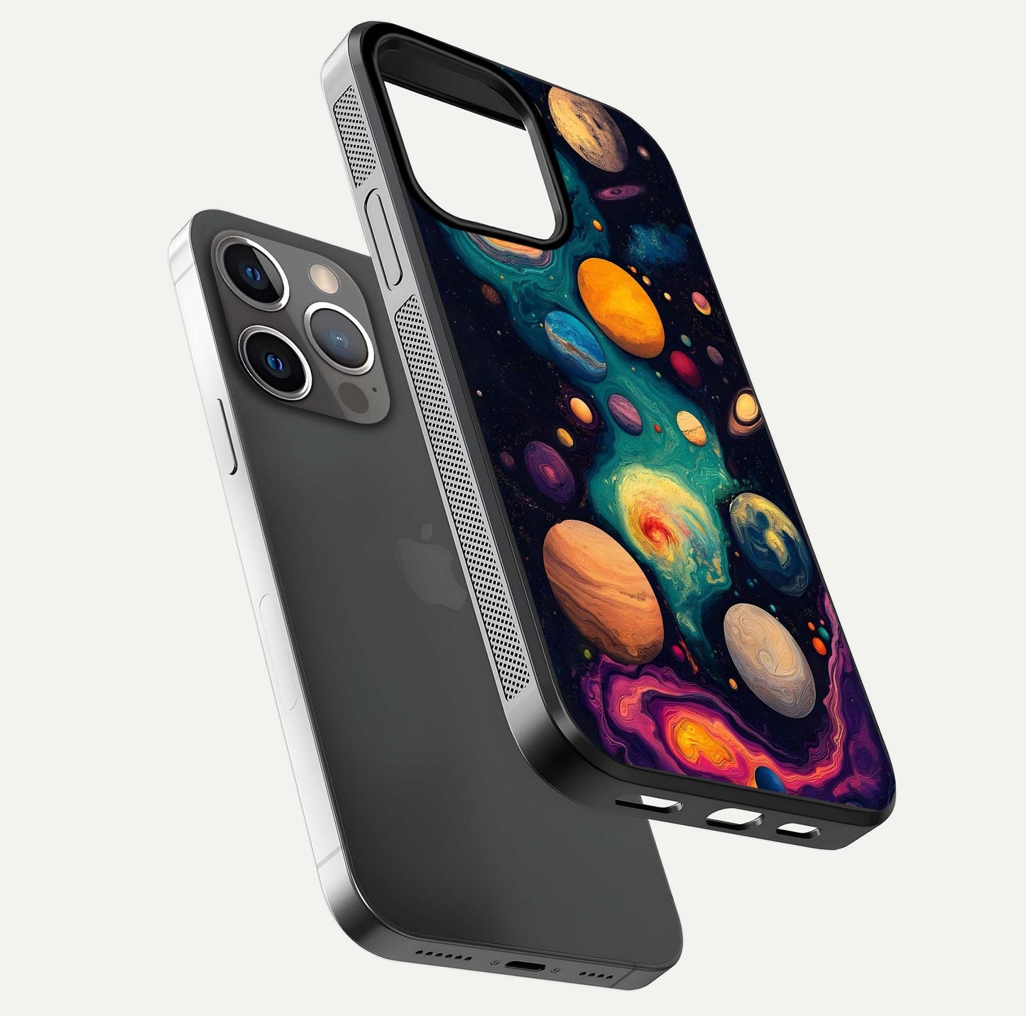 Cosmic Planet Journey Glass Case for iPhone 13 Pro floating mockup showing gloss gradient and deep shine