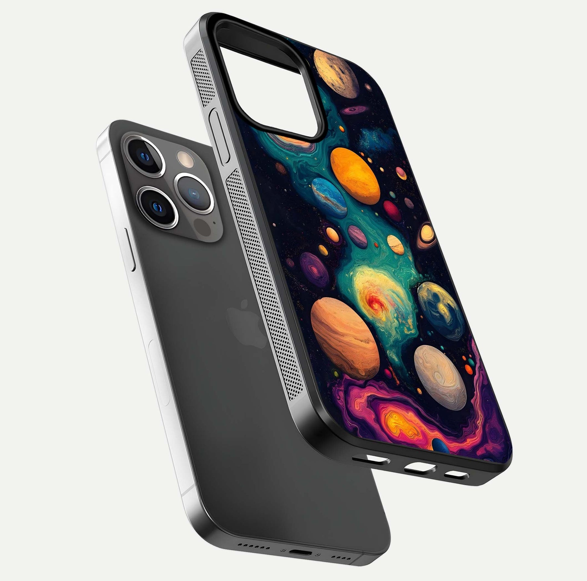 Cosmic Planet Journey Glass Case for iPhone 13 Pro floating mockup showing gloss gradient and deep shine