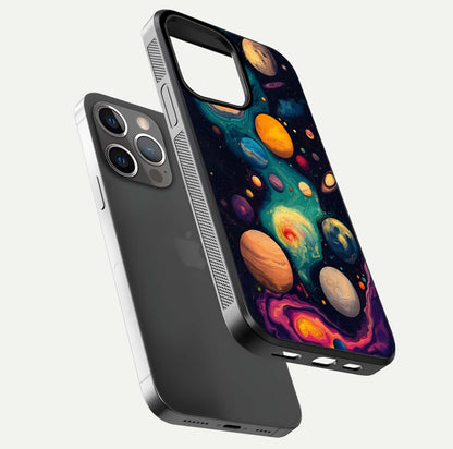 Cosmic Planet Journey Glass Case for iPhone 13 Pro floating mockup showing gloss gradient and deep shine