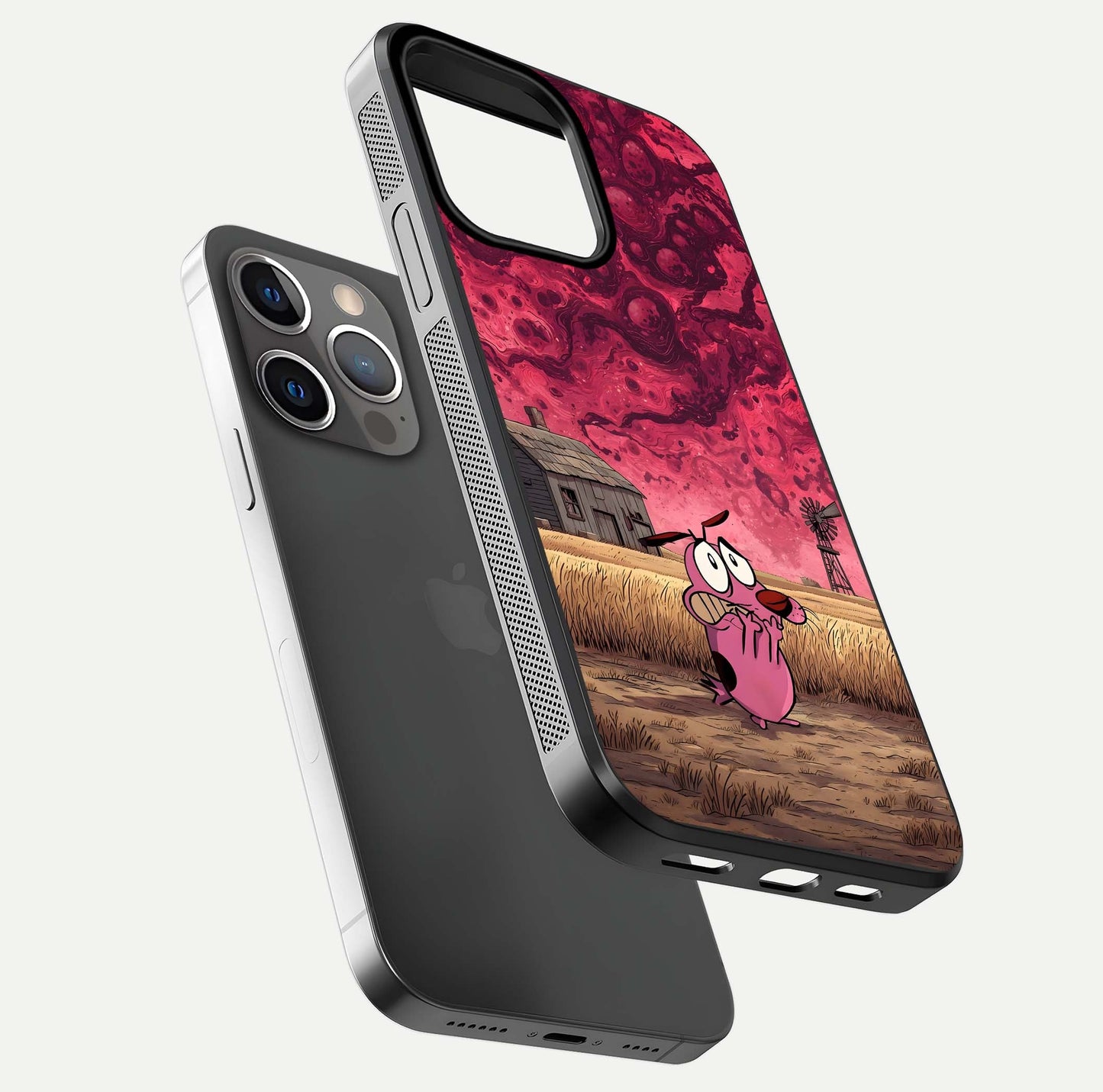 Courage Under Sky Glass Case for iPhone 13 Pro floating mockup showing shine reflection and clean edges