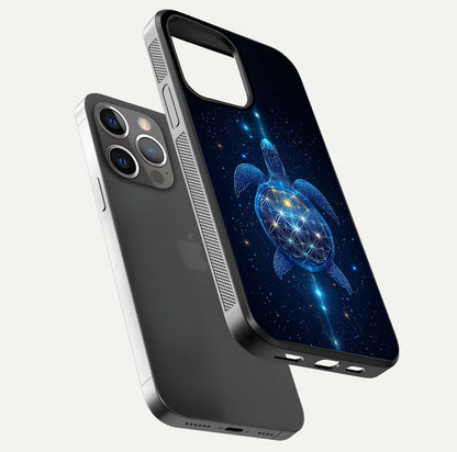Crimson Blue Turtle Glass Case for iPhone 13 Pro floating mockup showing reflection polish and deep hues