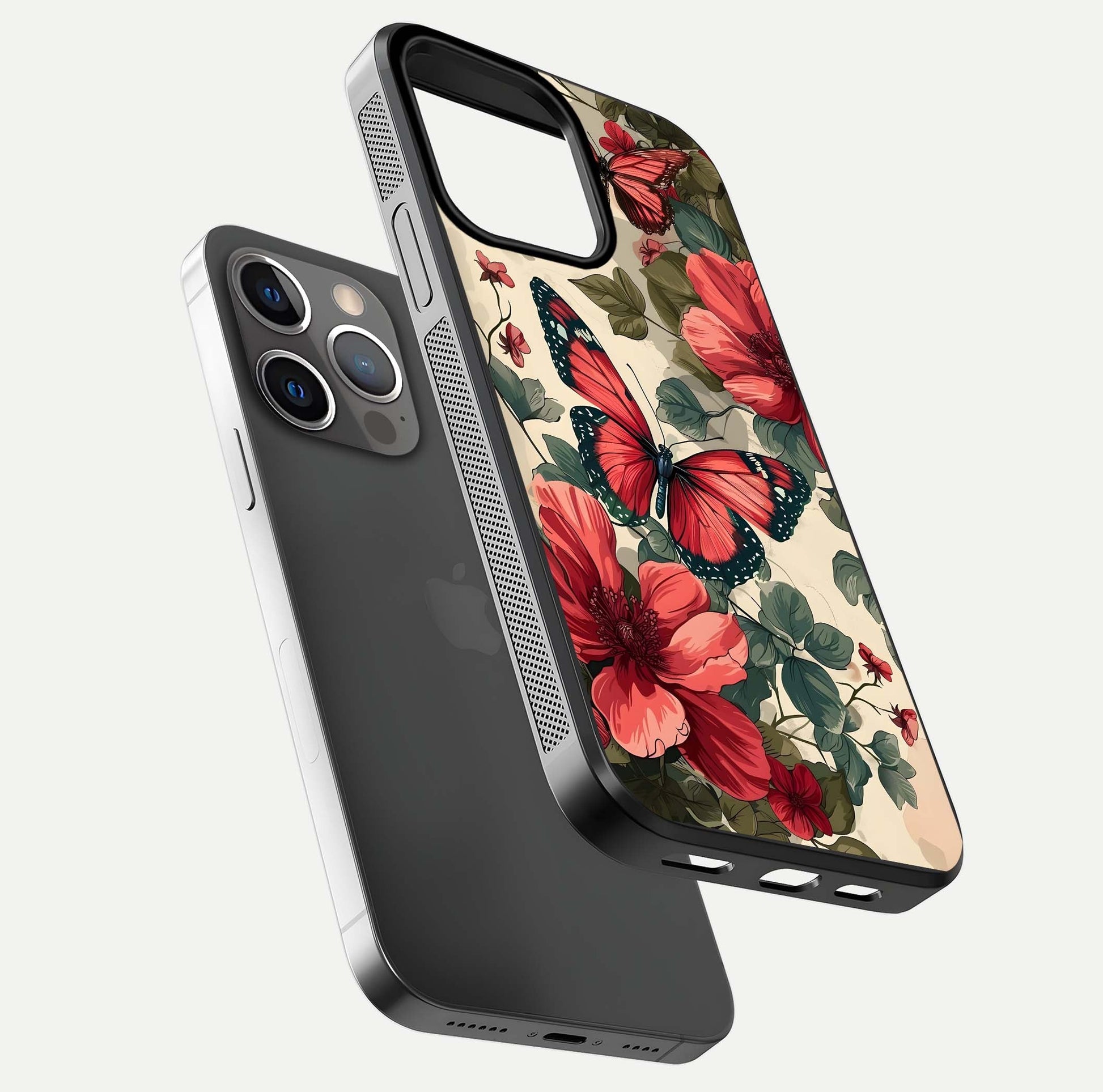 Crimson Butterfly Garden Glass Case for iPhone 13 Pro floating mockup showing HD gloss and vivid art