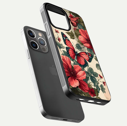 Crimson Butterfly Garden Glass Case for iPhone 13 Pro floating mockup showing HD gloss and vivid art