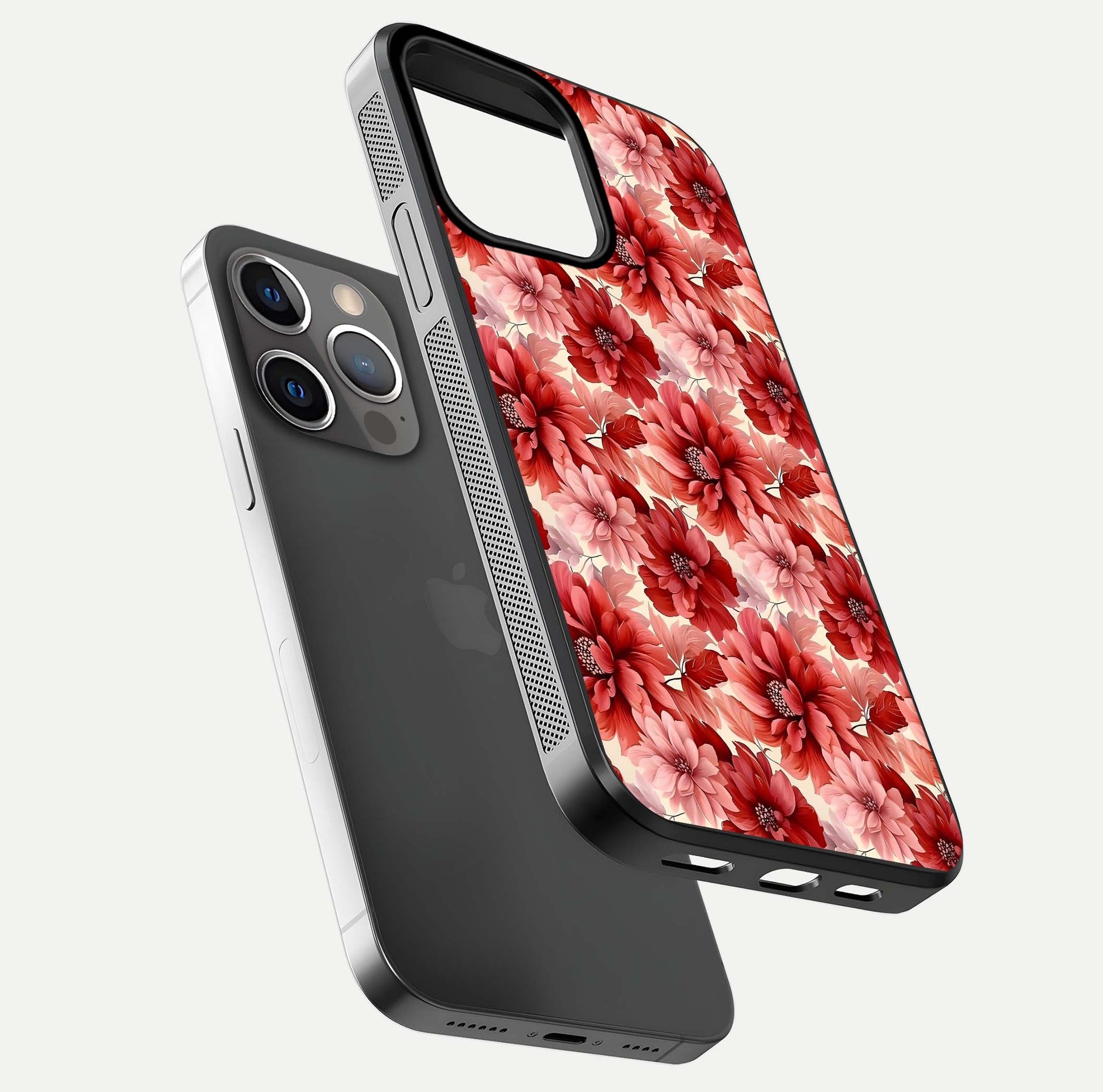 Crimson Love Petals Glass Case for iPhone 13 Pro floating mockup showing HD gloss and vivid detail