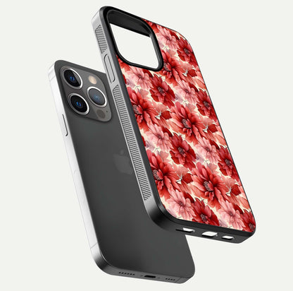 Crimson Love Petals Glass Case for iPhone 13 Pro floating mockup showing HD gloss and vivid detail