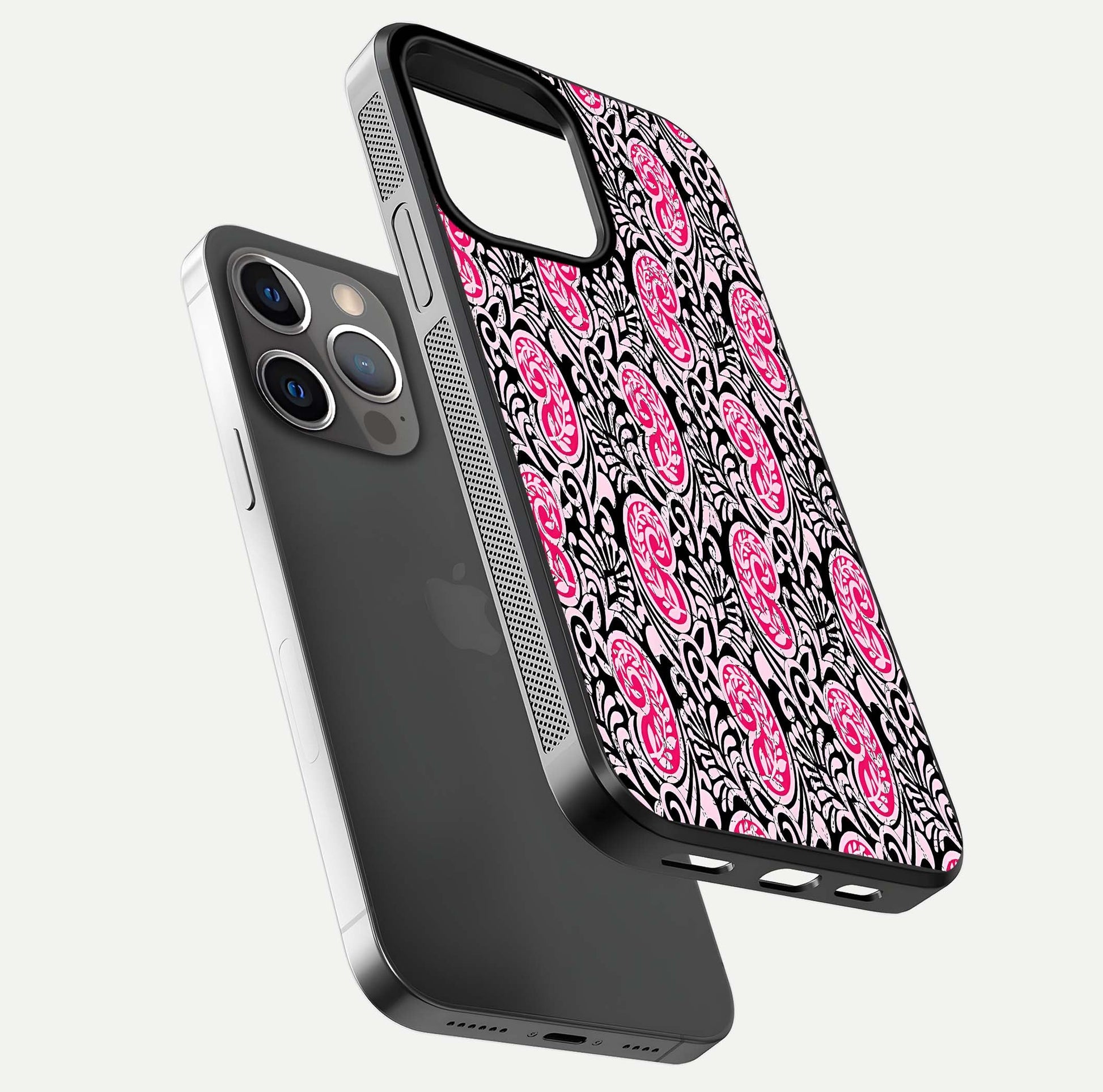 Crimson Paisley Charm Glass Case for iPhone 13 Pro floating mockup showing gloss shine and texture clarity