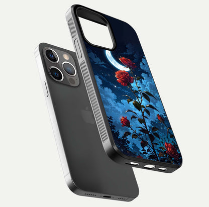 Crimson Rose Moon Glass Case for iPhone 13 Pro floating mockup showing HD shine and elegant contrast