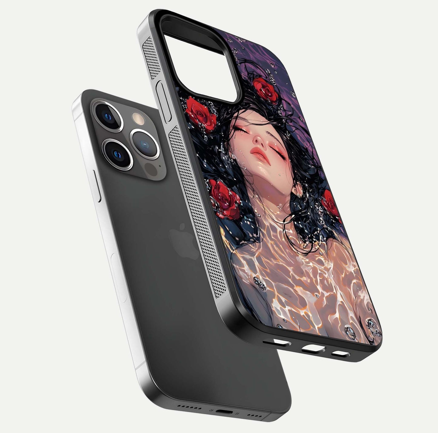 Crimson Rose Serenity Glass Case for iPhone 13 Pro floating mockup showing HD gloss and floral texture