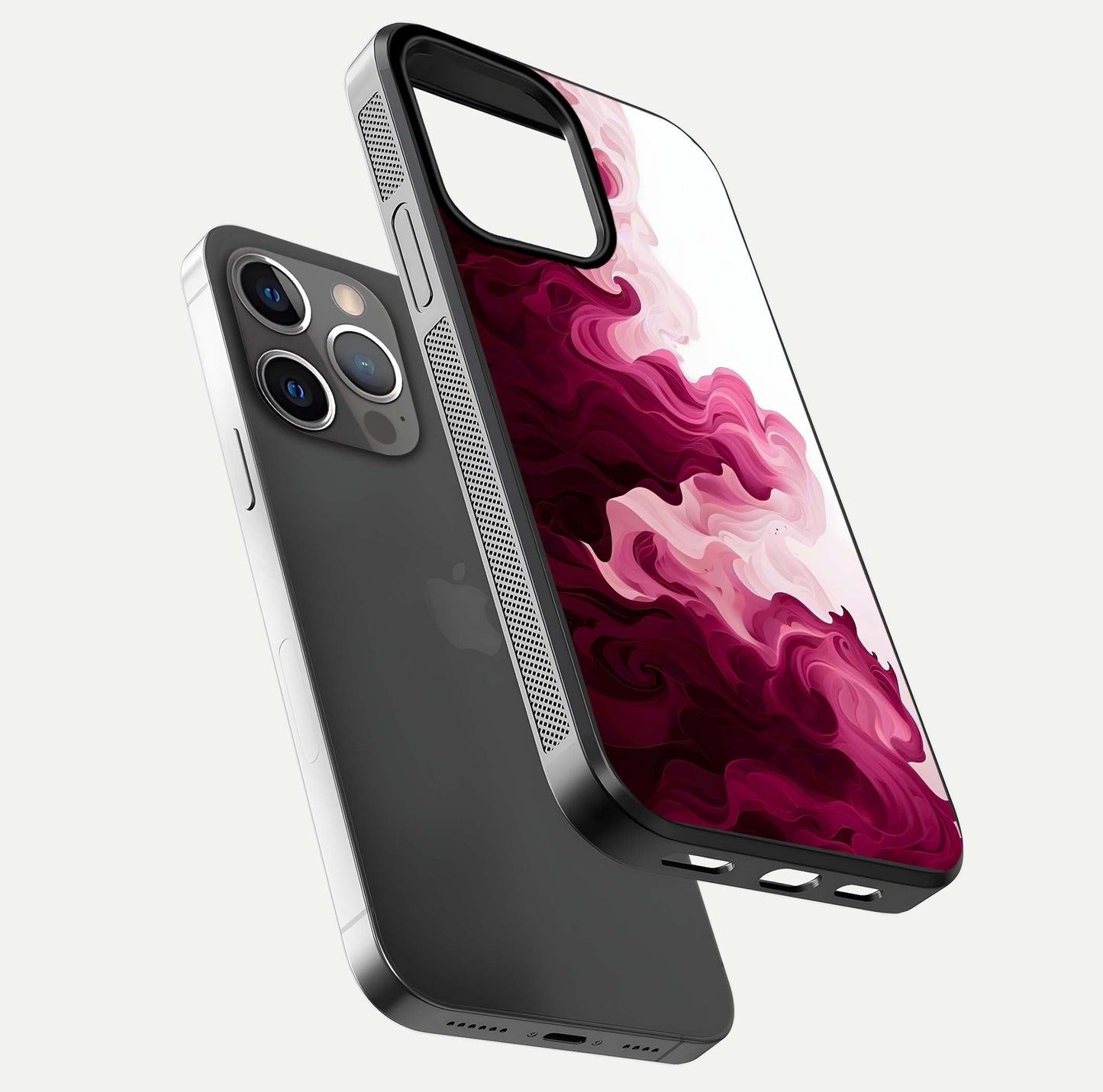 Crimson Wave Flow Glass Case for iPhone 13 Pro floating mockup showing gloss shine and smooth edge