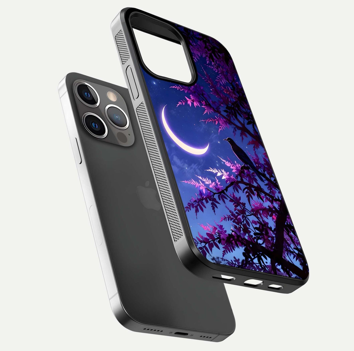Crow & Moon Scenery Glass Case for iPhone 13 Pro floating mockup showing HD gloss texture and soft moonlight glow
