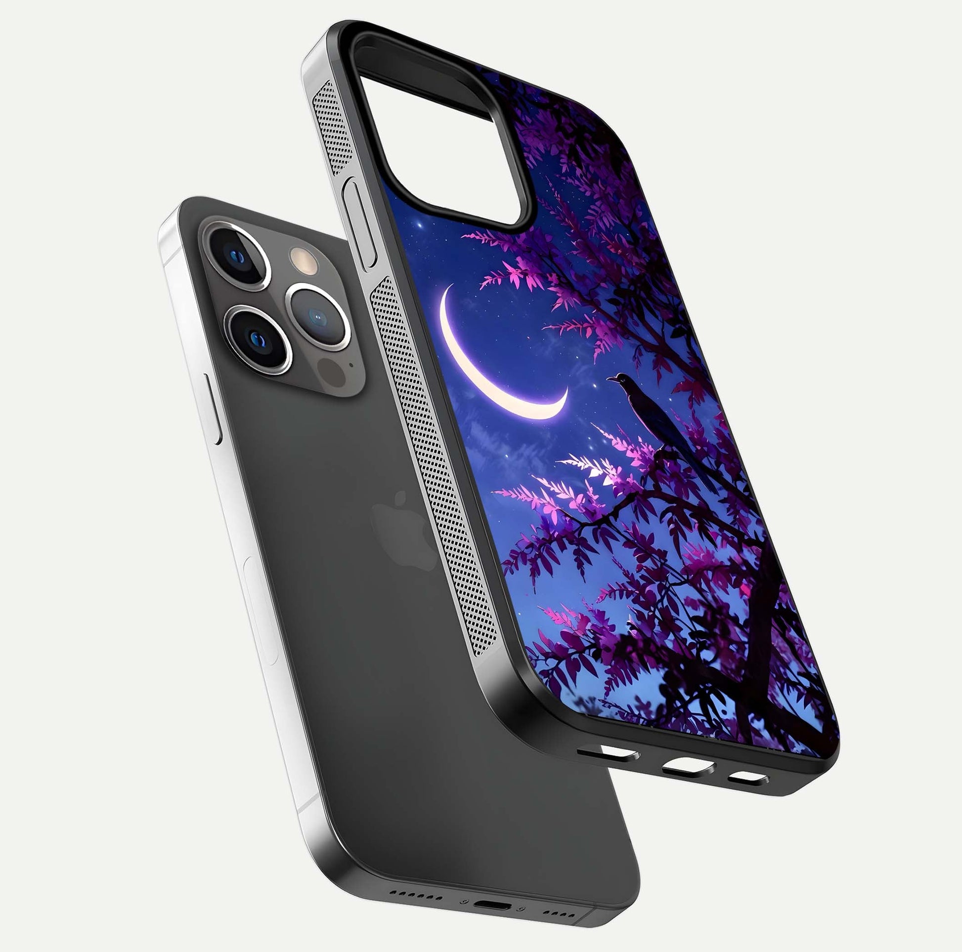 Crow & Moon Scenery Glass Case for iPhone 13 Pro floating mockup showing HD gloss texture and soft moonlight glow