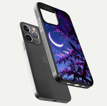 Crow & Moon Scenery Glass Case for iPhone 13 Pro floating mockup showing HD gloss texture and soft moonlight glow