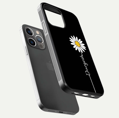 Custom Name White Flower Glass Case for iPhone 13 Pro floating mockup displaying HD gloss and delicate texture