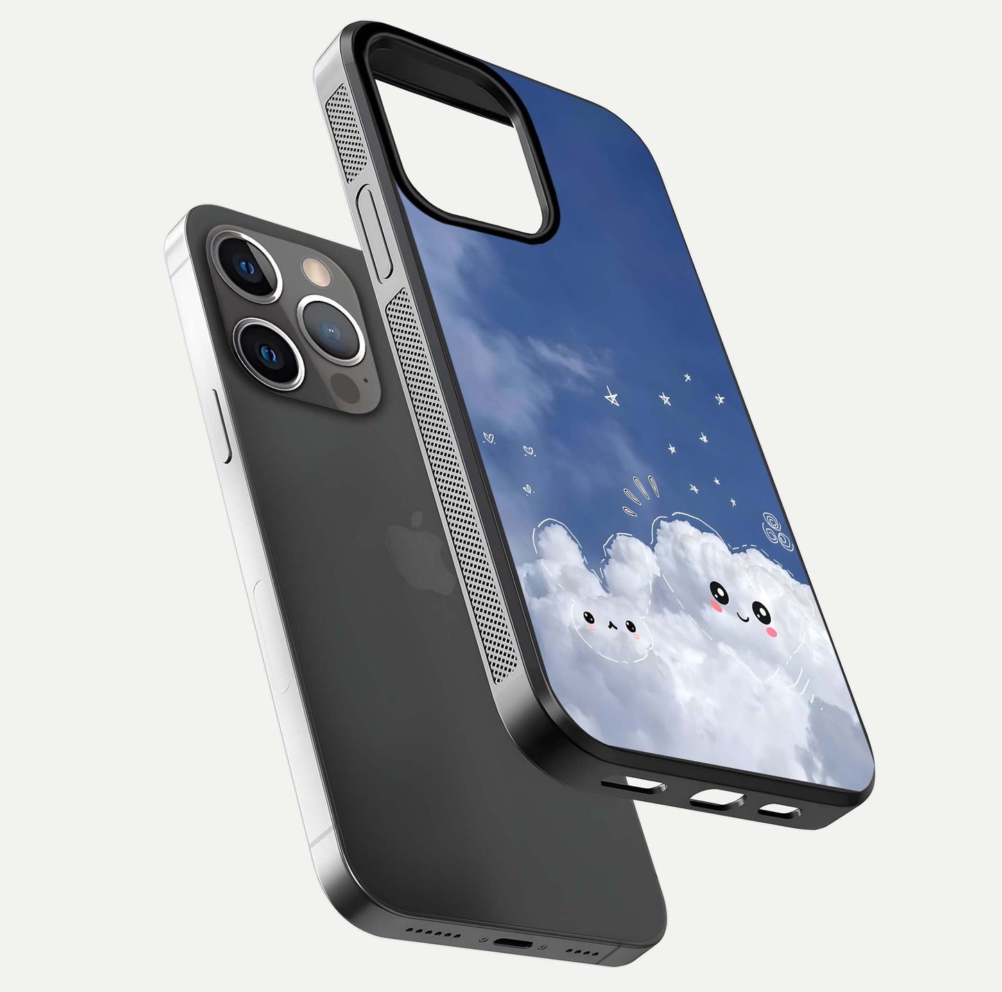 Cute Blossom Cloud Glass Case for iPhone 13 Pro floating mockup showing HD shine and soft gradient finish