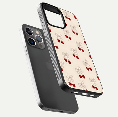 Cute Cherry Pattern Glass Case for iPhone 13 Pro floating mockup showing HD gloss shine and clear tones