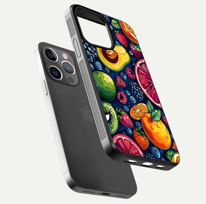 Cute Fruits Art Glass Case for iPhone 13 Pro floating mockup showing gloss brightness and vivid artwork