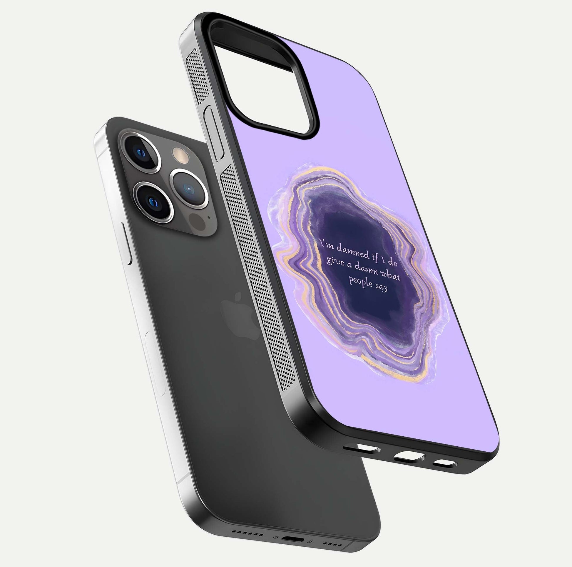 Damned People Quote Glass Case for iPhone 13 Pro floating mockup showing gloss reflection and text balance